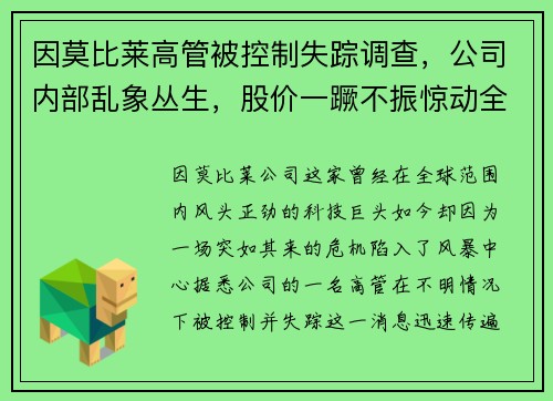 因莫比莱高管被控制失踪调查，公司内部乱象丛生，股价一蹶不振惊动全球股市！